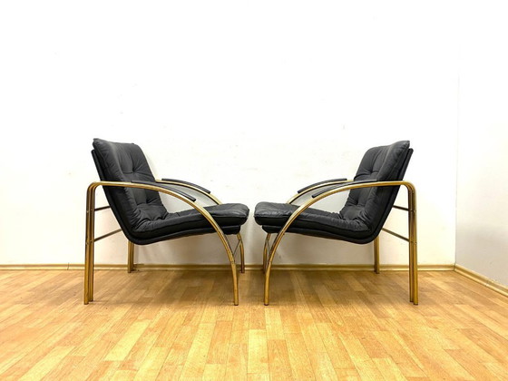 Image 1 of Vintage leren en metalen fauteuils, jaren 90, set van 2