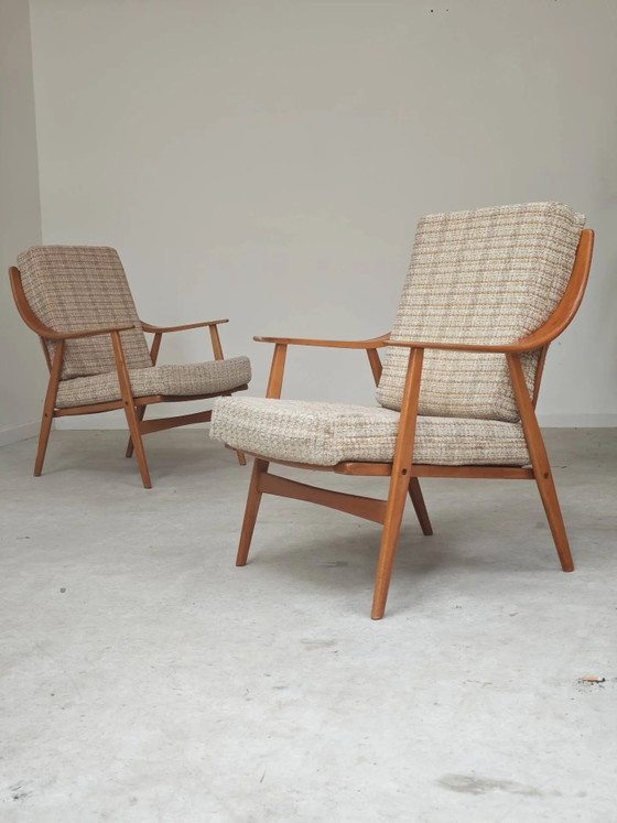 Paar Boomerang-Stil Sessel aus ecru-beigem Stoff, 1960er Jahre. – Wood, Scandinavian (photo 4 of 20)