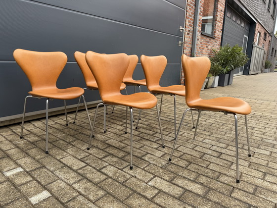 Image 1 of 6x Fritz Hansen series 7 Vlinderstoelen Cognac Camel leder