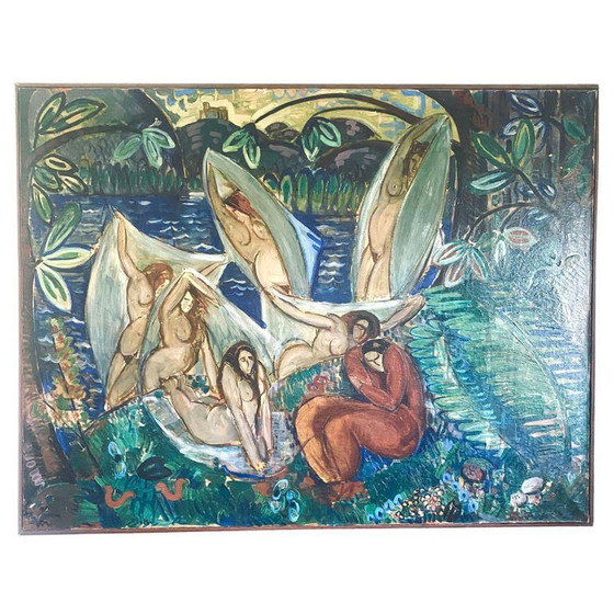 Image 1 of André Léon Chabert Tableau Cubiste Représentant Des Femmes Nues Se Baignant