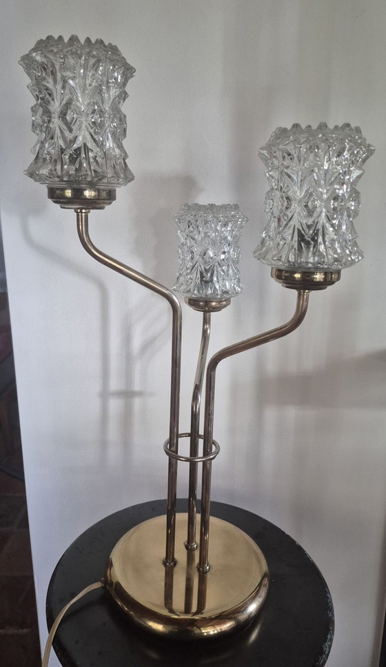 Exclusive Vintage Hollywood Regency Brass & Faceted Glass Table Lamp (3-light), Gold (photo 2 of 6)