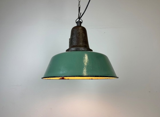 Image 1 of Industrial Green Enamel Factory Lamp with Cast Iron Top, 1960s