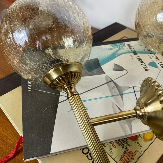 Pair of antique brass torch-style wall sconces with vintage gold crackled glass globes – Wall lights (photo 6 of 9)