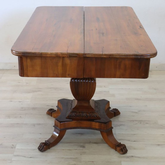 Image 1 of Table d'appoint ou table à thé ancienne en noyer, à un tiroir, extensible, Italie, XIXe siècle