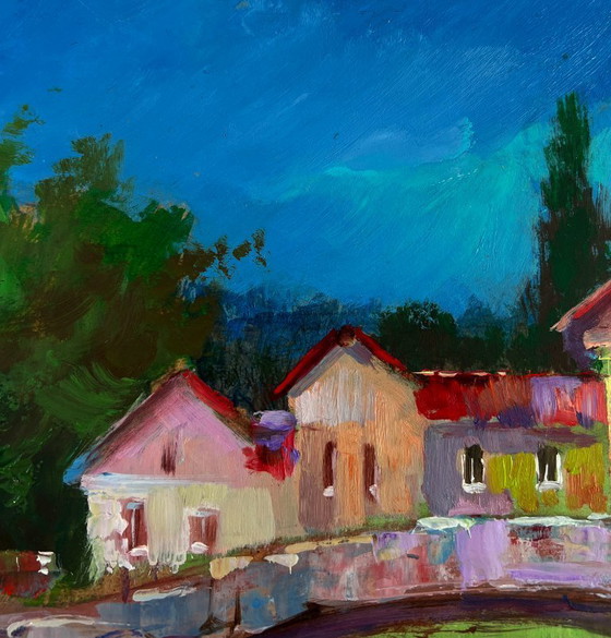 Image 1 of Original Oil Painting Village Bridge Landscape Relaxing by the river on a summer day