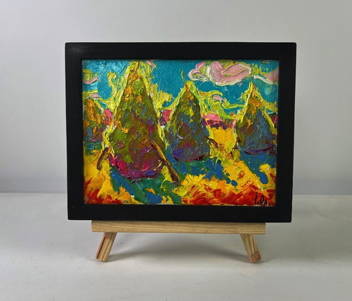 Original Oil Painting Colorful Nature Landscape Summer sunset sun in the field