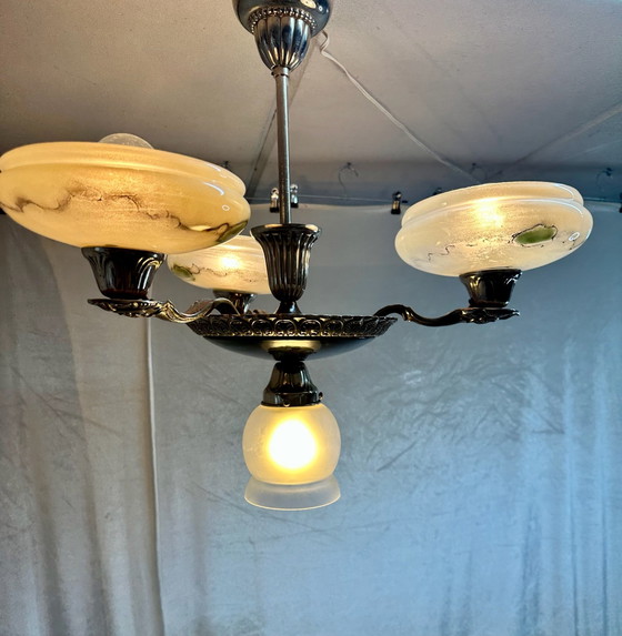 Antique Art Deco Style Pendant Lamp Chandelier with Marbled Opal Glass, Ceiling lights, Metal, Black (photo 11 of 14)