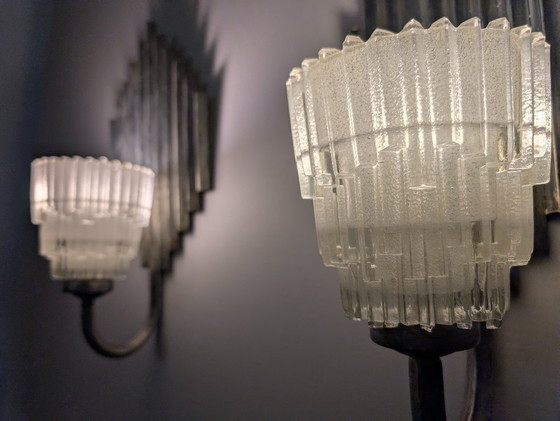 Image 1 of Pair of Ferro Art Iron and Glass Wall Sconces Art Deco Style 1970s