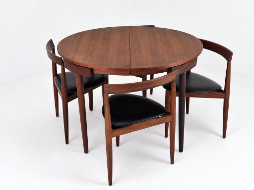 Roundette Teak ausziehbarer Esszimmergarnitur von Hans Olsen für Frem Røjle, Dänemark 1960er – eetkamerset, Wood, Skai