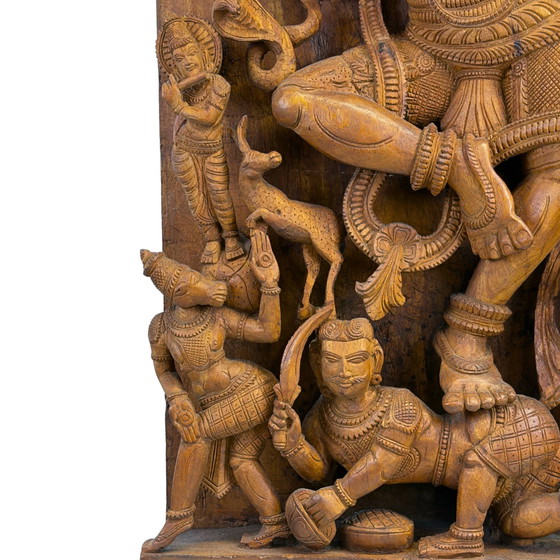 Monumentaal Antiek Zuid-Indiaas Houten Tempelpaneel van Shiva's Kosmische Dans (107 cm) – 17 kg Massief (photo 9 of 9)