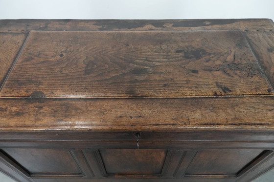 Image 1 of Large antique panelled English oak chest from the 18th century