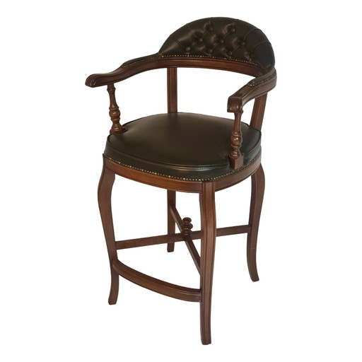 Chesterfield - Handgemaakt / vintage / zo goed als nieuw - Groen leer - Houten barkruk met voetensteun - Meerdere op voorraad