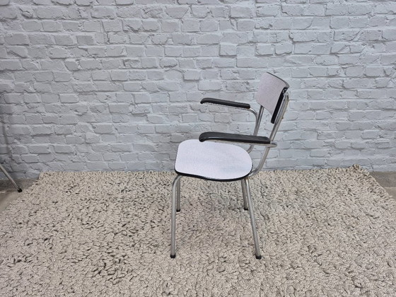 Image 1 of Vintage Brabantia Kitchen Chairs with Bakelite Armrests, White Formica with Subtle Grey Linear Texture, The Netherlands, 1960s.
