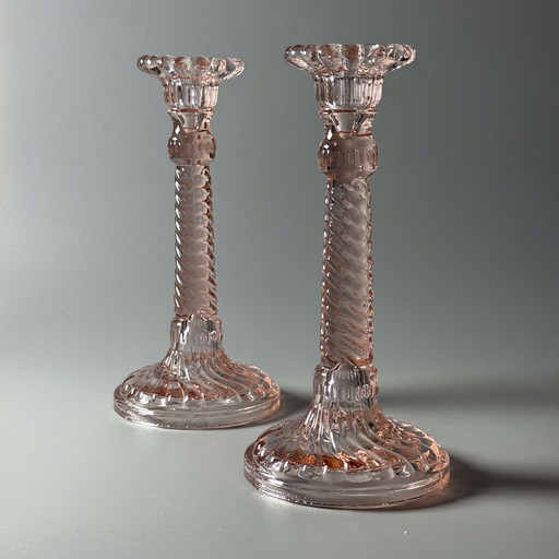 Pair of Art Deco Pink Glass Candlesticks — Pavillons, Belgium, 1920–30s