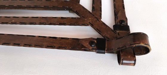 Image 1 of Iconic Large Mirror 1960's Design Jean-Pierre Ryckaert en Métal Façon Cuir Sellier à Surpiqures