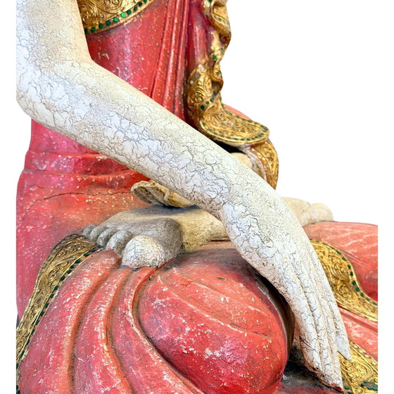 Grote Birmaanse Mandalay Boeddha met Gouden Decoratie – circa 1970 – 87 cm – Beeldhouwkunst, Glass (photo 7 of 11)