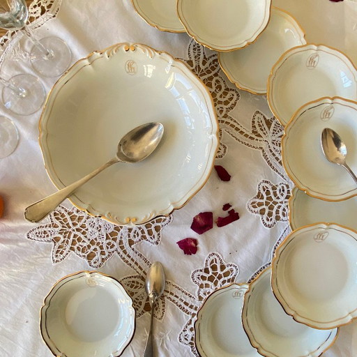 Dessert service with 12 small bowls and a salad bowl, antique Limoges porcelain, Lafarge & Cie