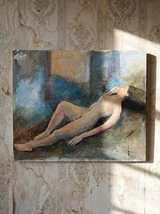 Large painting of a reclining nude woman, modern oil on panel, vintage style