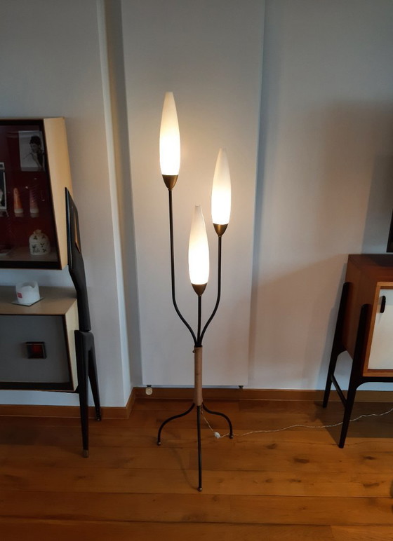 Image 1 of Lampada da terra francese vintage con treppiede in opalino, anni '50