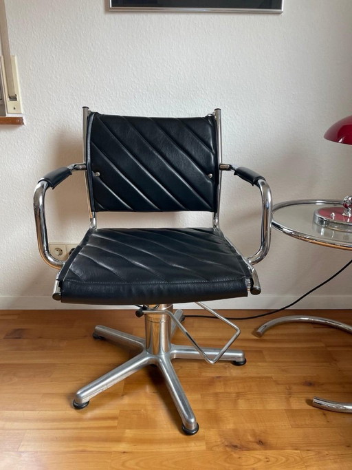 Vintage kappersstoelen, 6 stuks, leer, chroom – eetkamerstoelen, Leather, Metal