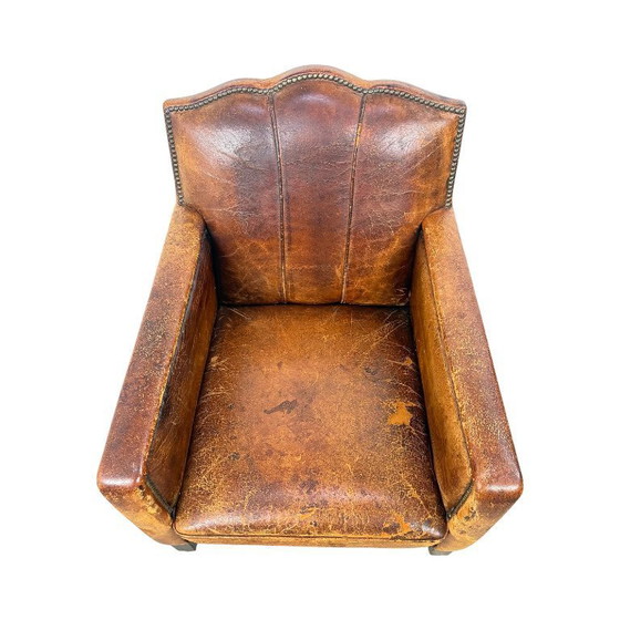 Image 1 of Antieke Franse moustache fauteuil – cognac leren clubstoel – begin 20e eeuw