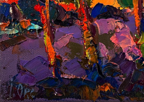 Original Oil Painting Evening Village Landscape Orange Sunset behind the Trees – Paintings & Drawings, Canvas (photo 6 of 8)