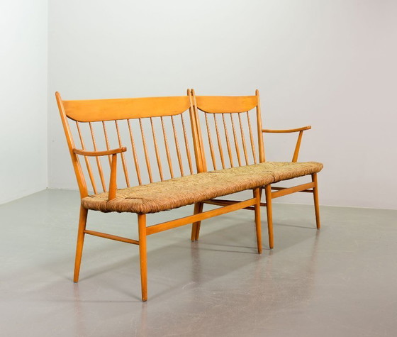Image 1 of Large Mid-Century Design Spindle Back Bench with Rush Wickered Seatings in Style of Arno Lambrecht. Germany, 1950s. 