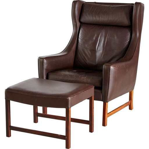 Fauteuil de lecture et ottoman 965H en palissandre et cuir par Fredrik A. Kayser pour Vatne Mobler 1960s