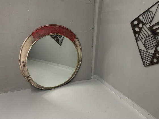 Image 1 of Vintage Round Mirror Distressed Painted Frame 1970s Europe