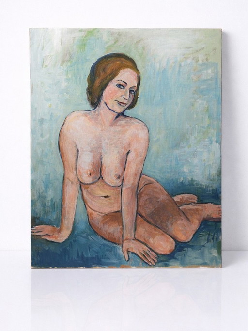 Vintage modern oil painting on canvas board, seated nude portrait