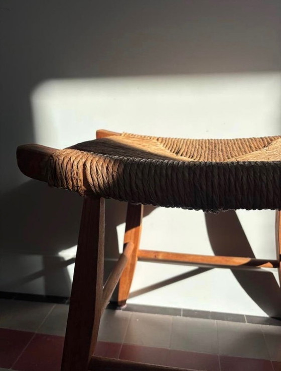 Image 1 of Vintage wooden stool with woven wicker seat - Brutalist/Mid-Century