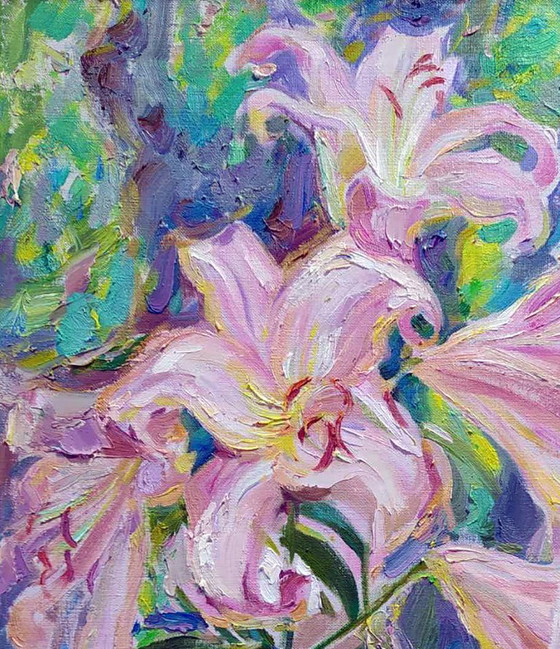 Original Oil Painting Summer Nature Flower Pink Lilies, Paintings & Drawings, Canvas, Green (photo 2 of 5)