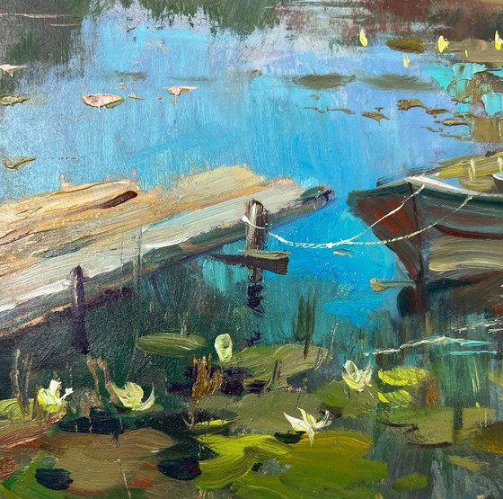 Image 1 of Peinture à l'huile originale représentant un paysage fluvial estival avec un bateau dans une scierie