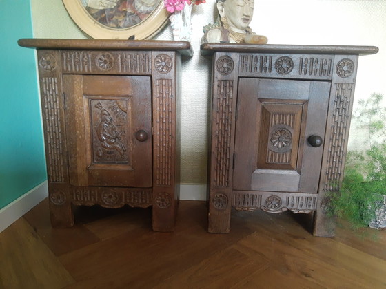 Unieke Set Handgemaakte Antieke Arts&Crafts Art-Nouveau Eikenhouten Kastjes Halkastjes Nachtkastjes, (photo 14 of 15)