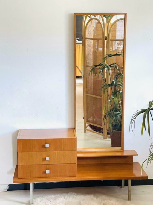 Mesita auxiliar vintage de mediados de siglo / Mueble de recibidor con espejo – wandkast, Crystal, Wood