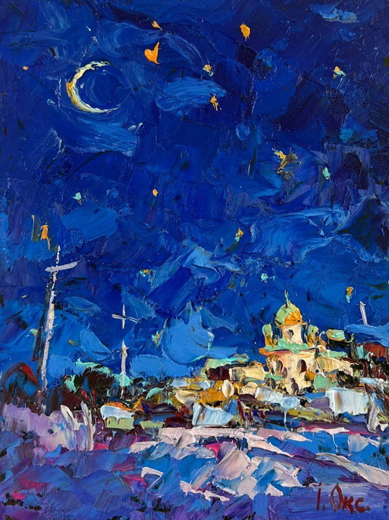 Image 1 of Original Oil Painting Winter Church Landscape Moonlit night over the city