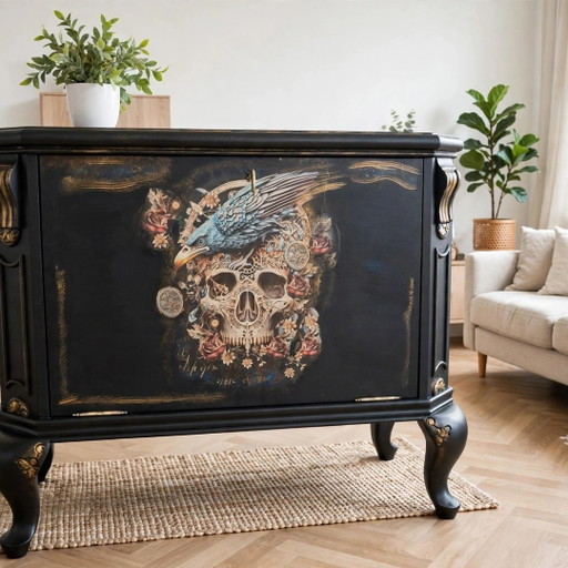 Queen Anne Barkastje / Drankkastje Met Glasplaat En Spiegel - Upcycled Zwart Goud Gothic