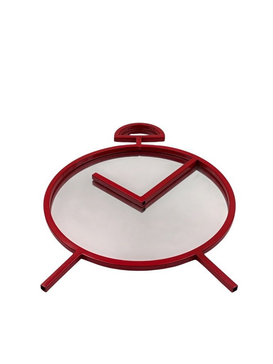 Image 1 of Postmoderne popart-design rode wandspiegel in klokvorm – PILM Italië, jaren 80