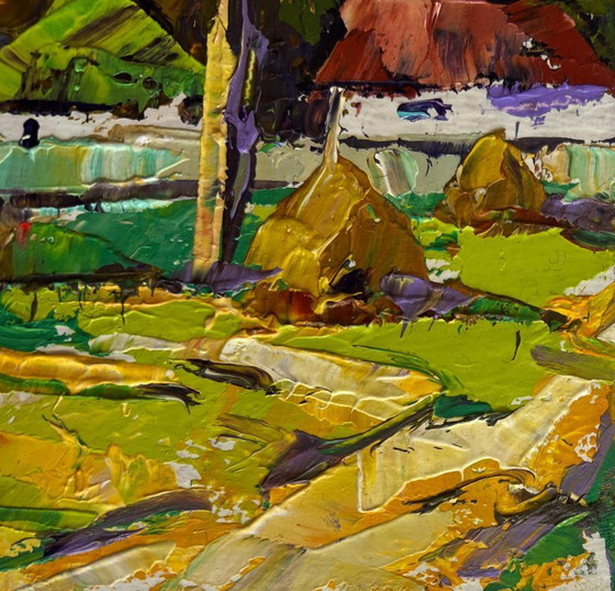 Image 1 of Original Oil Painting: Summer Village Landscape - They Are Sitting on a Bench in the Village