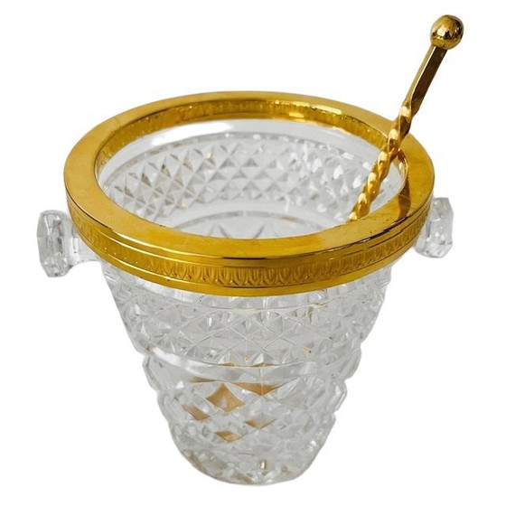 Image 1 of Cubitera francesa de mediados de siglo con cuchara para helado, cristal dorado, década de 1950