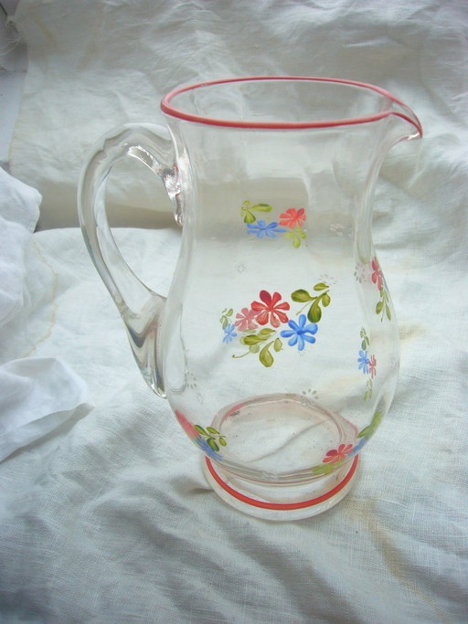 Jarra de cristal antigua pintada a mano, circa 1920. – glazen karaffen, Glass