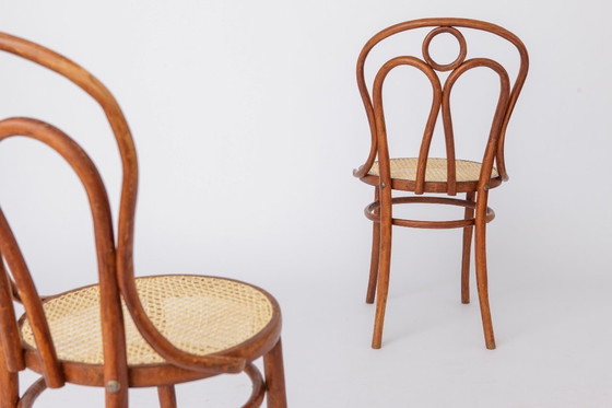 Image 1 of Set of 2 Bentwood Angel Chairs 1940s, Vienna Cane Seats, Stained Beech Wood, Vintage Dining Chairs