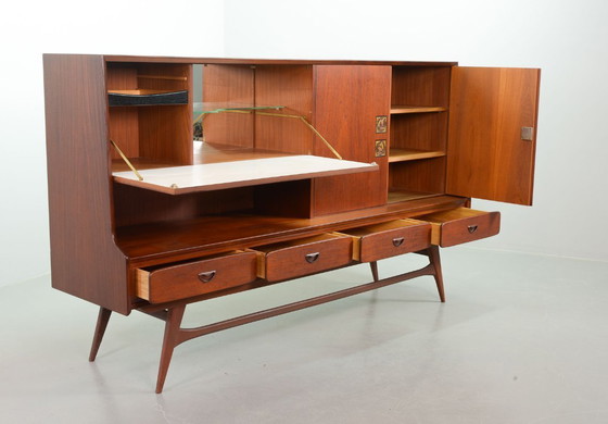 Image 1 of Mid-Century Louis van Teeffelen Design Teak Wooden High Sideboard for Webe with Ceramic Ravelli Tiles. The Netherlands, 1960s