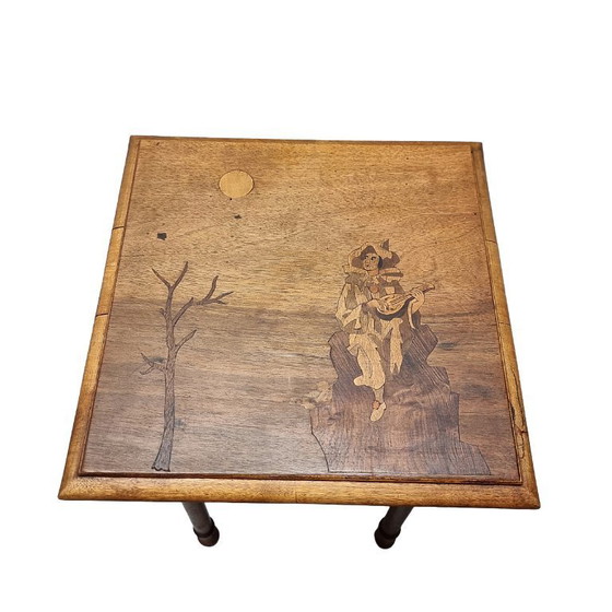 Image 1 of Mesa auxiliar francesa antigua con tapa con incrustaciones, de alrededor de 1900