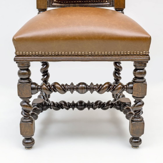 Image 1 of Six of Antique Italian Neo-Renaissance Walnut Dining Chairs in Genuine Leather.