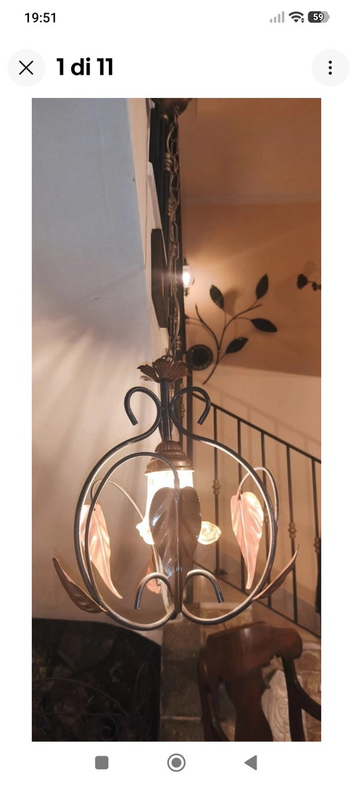 Vintage Wrought Iron Chandelier with Metal and Glass Leaves, Rustic Suspension – hanglampen