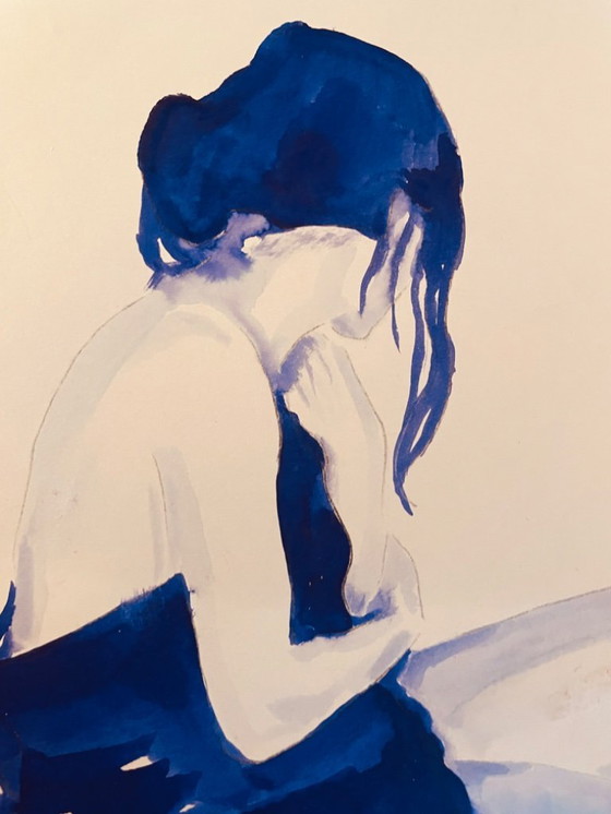 Image 1 of Retrato en acuarela monocromático azul índigo de una mujer "saliendo del baño".