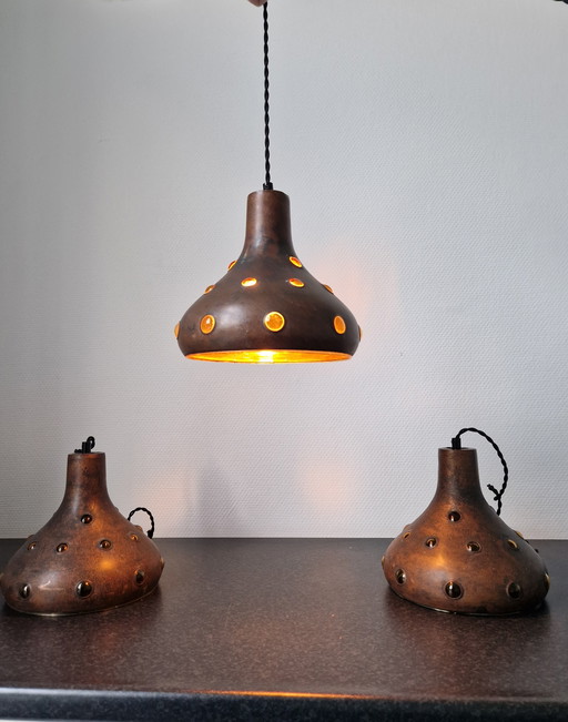 Set of 3 Nanny Stil pendant lamps copper and glass Raak 1960s