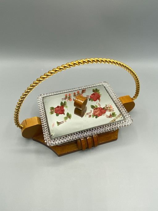 Art Deco Cookie Box in Glass, Wood, and Painted Mirror – Circa – glazen karaffen (photo 2 of 8)