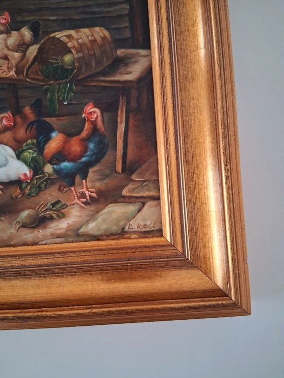 Image 1 of ORIGINAL Ölgemälde auf Holzplatte inkl. Rahmen | Hühner/Bauernhof | Signiert